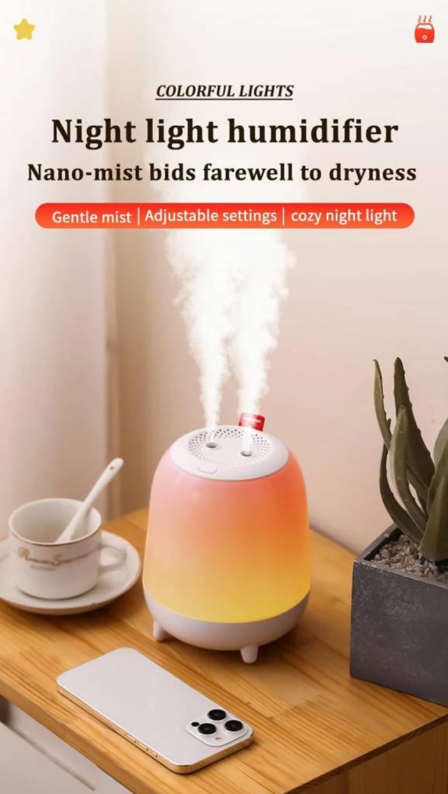 Sibosz Ultrasonic Cool Mist Humidifier with Night Light - 1.5L Top Fill, Quiet Operation, Auto Shut-Off, 5 Color Options for Bedroom, Baby & Home (Orange)