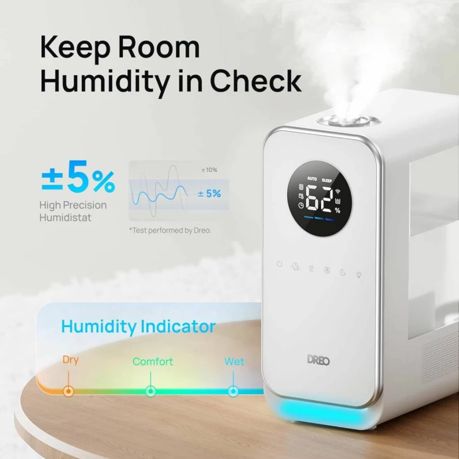 Dreo Smart Humidifier for Large Room & Nursery, 5L Top-Fill Cool Mist Humidifier with 50-Hour Runtime, Alexa/Google Assistant, Nightlight & Essential Oil Diffuser for Home, Bedroom, and Indoor Plants