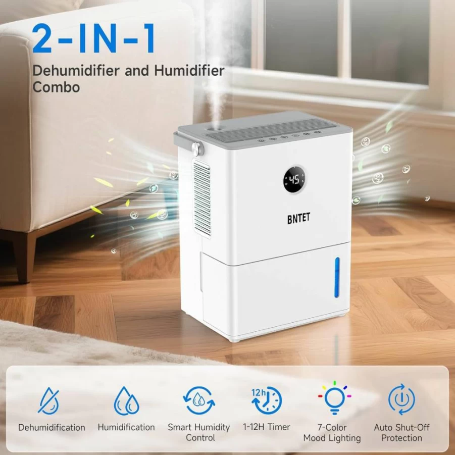 BNTET 2-in-1 Smart Dehumidifier and Humidifier with 68oz Tank, Auto Shutoff, Rapid 30-Second Dehumidification, 12H Timer, 7-Color LED Light for Home Humidity Control