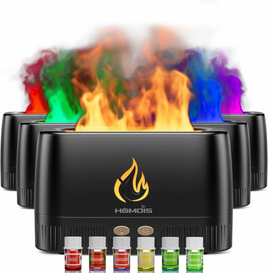 HOMDIS Aromatherapy Essential Oil Diffuser with 7 Color Changing LED Lights, Quiet Ultrasonic Humidifier, Auto Shut-Off, Black Flame Design for Home & Office Relaxation