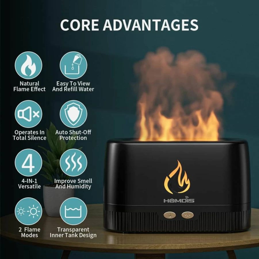 HOMDIS Aromatherapy Essential Oil Diffuser with 7 Color Changing LED Lights, Quiet Ultrasonic Humidifier, Auto Shut-Off, Black Flame Design for Home & Office Relaxation