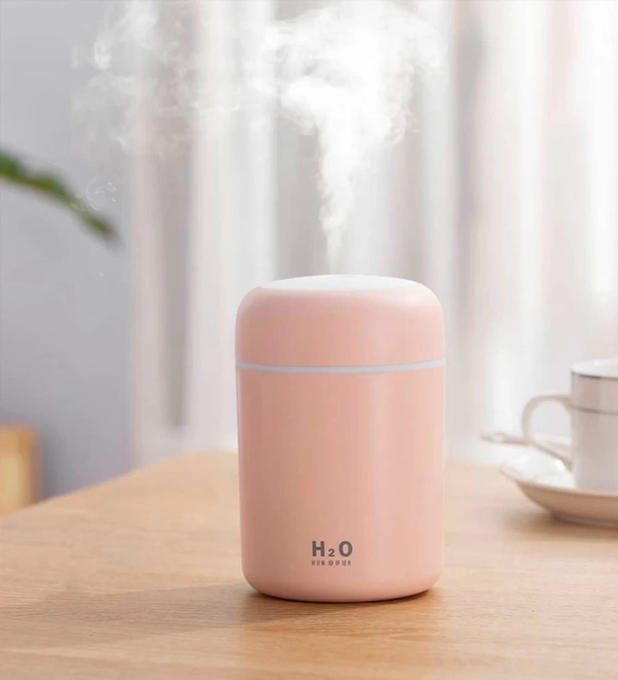 HISKFUN Portable Mini Humidifier with 300ML Capacity, Colorful LED Night Light, USB Powered for Car, Office, Home, Travel, Auto Shut-Off, 2 Mist Modes, Super Quiet - Grey