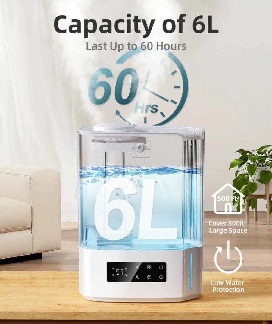 BREEZOME 6L Ultrasonic Cool Mist Humidifier with Essential Oil Diffuser, Smart Humidistat Control for Large Rooms, Bedroom, Nursery, Lasts Up to 60 Hours, Quiet Operation, Top Fill Design, White