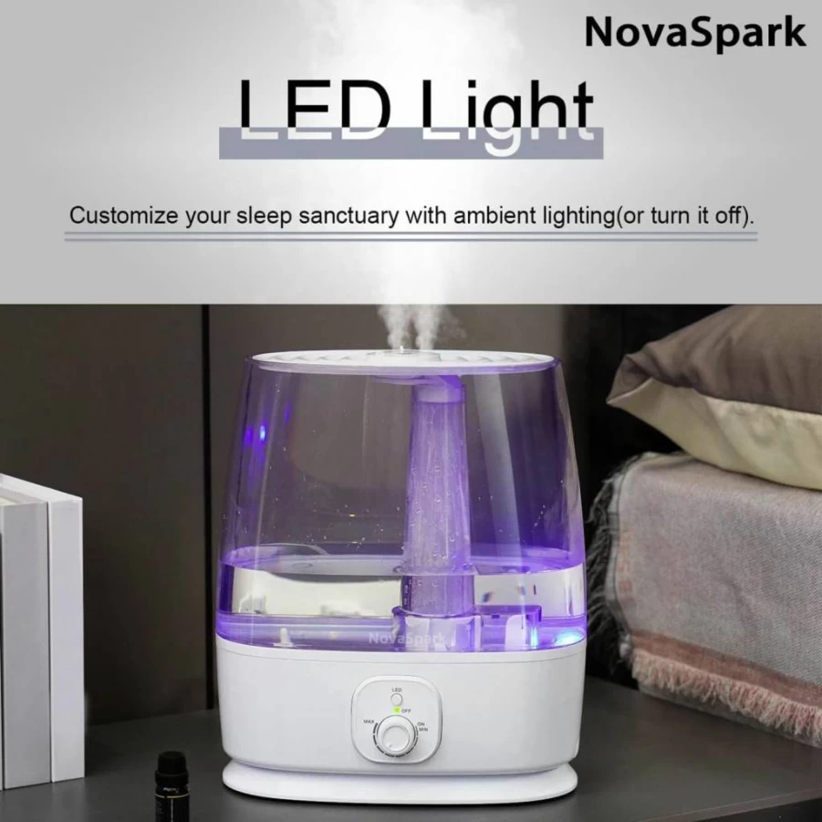 Novaspark 6L Ultrasonic Cool Mist Humidifier with Essential Oil Diffuser, Night Light, Top Fill, Low Noise for Bedroom, Baby, Kids, Plants - Easy Clean, Lightweight, 50H Runtime, Air Purifier