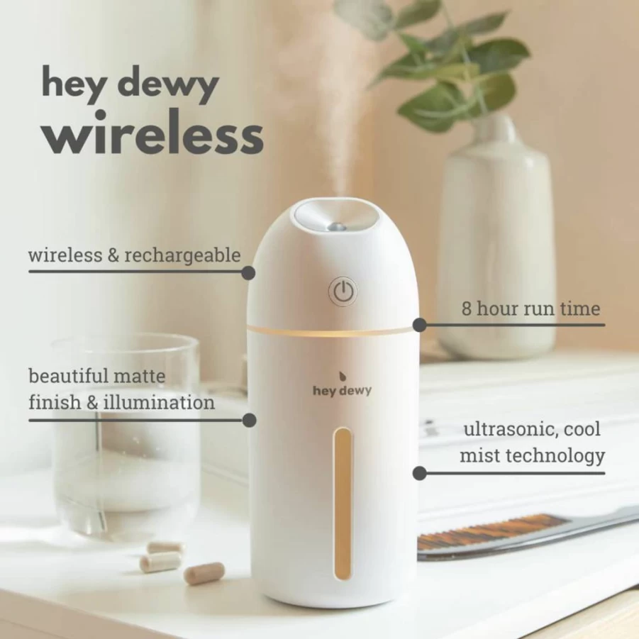 Hey Dewy Portable Humidifier - Wireless, Rechargeable Cool Mist for Skin Hydration & Self-Care (Pearl White)