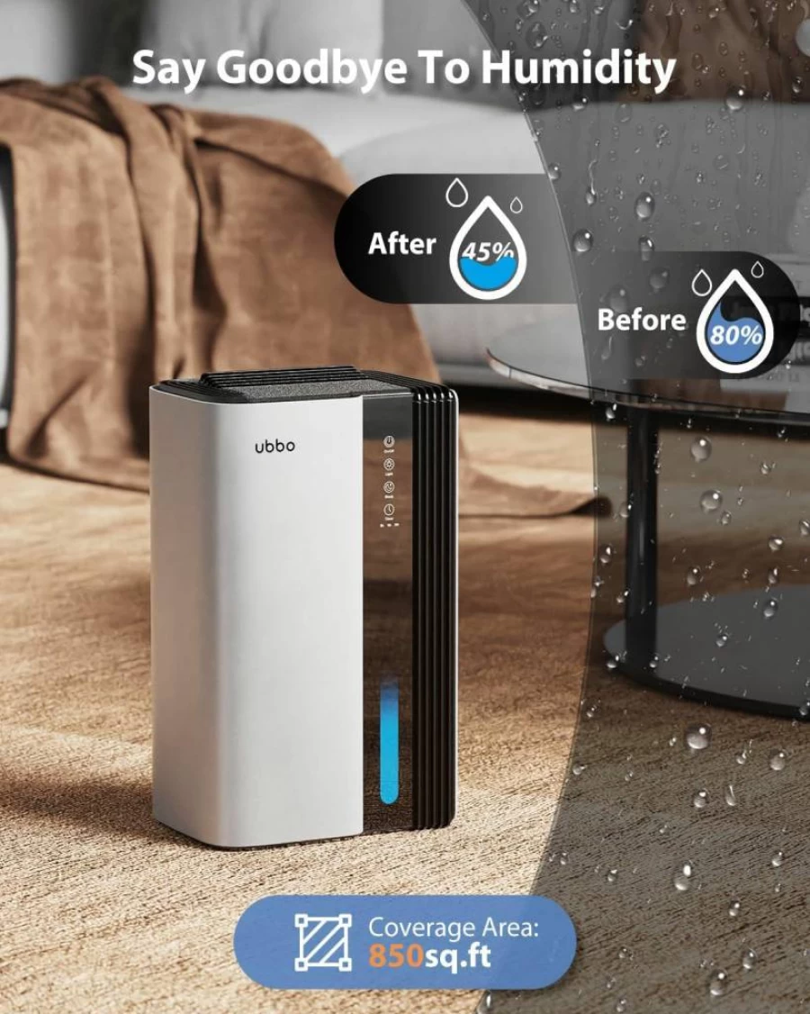 Ubbo 95Oz Dehumidifier for Home up to 850 Sq.Ft with Drain Hose, Timer, Sleep Mode, Auto-Off & 7 Color Lights - Ideal for Bedroom, Bathroom, Basement, RV (Grey)