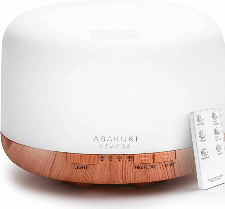 ASAKUKI 500ml Essential Oil Diffuser with Remote - 5-in-1 Ultrasonic Aromatherapy Humidifier, Timer, Auto-Off, Premium Brown Wood Grain Design