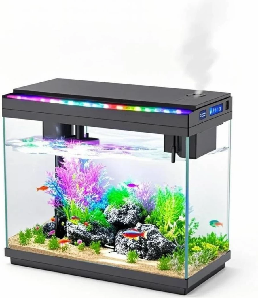 Rechale 2.4 Gallon Smart Aquarium Fish Tank with Silent Pump, RGB Lights, Temperature Display & Humidifier – Quick Start Kit for Home & Office Decor