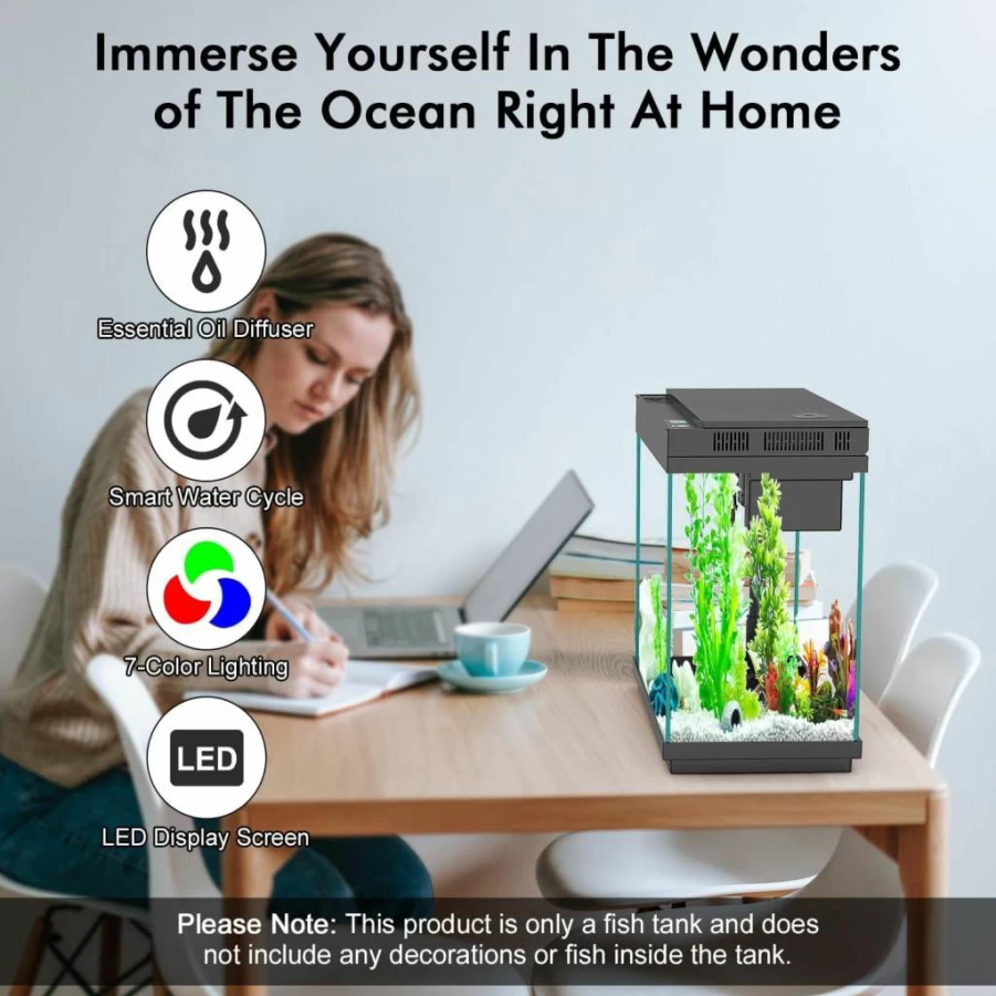 Rechale 2.4 Gallon Smart Aquarium Fish Tank with Silent Pump, RGB Lights, Temperature Display & Humidifier – Quick Start Kit for Home & Office Decor