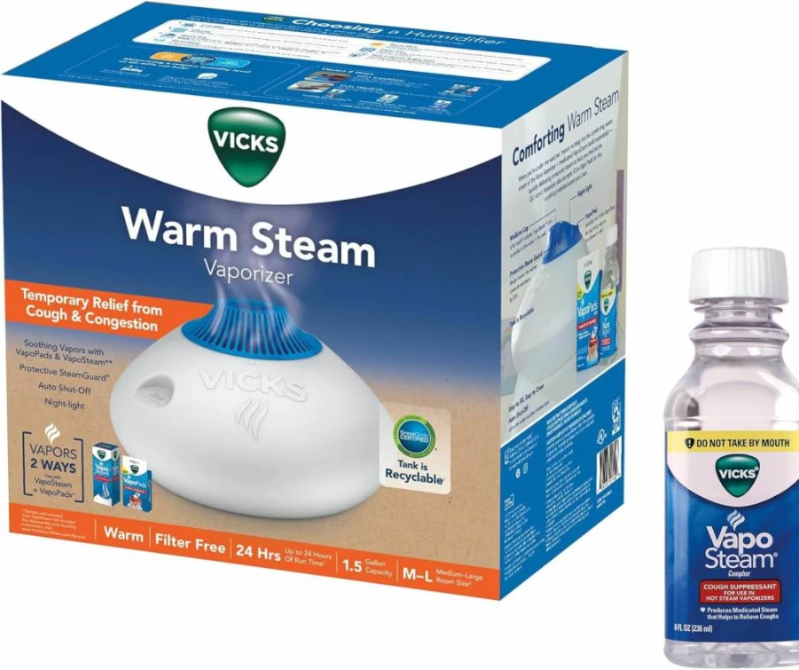Vicks Warm Mist Humidifier for Baby & Kids Rooms with Night Light, 1.5 Gallon Tank, Compatible with Vicks VapoPads & VapoSteam, Ideal for Small to Medium Spaces