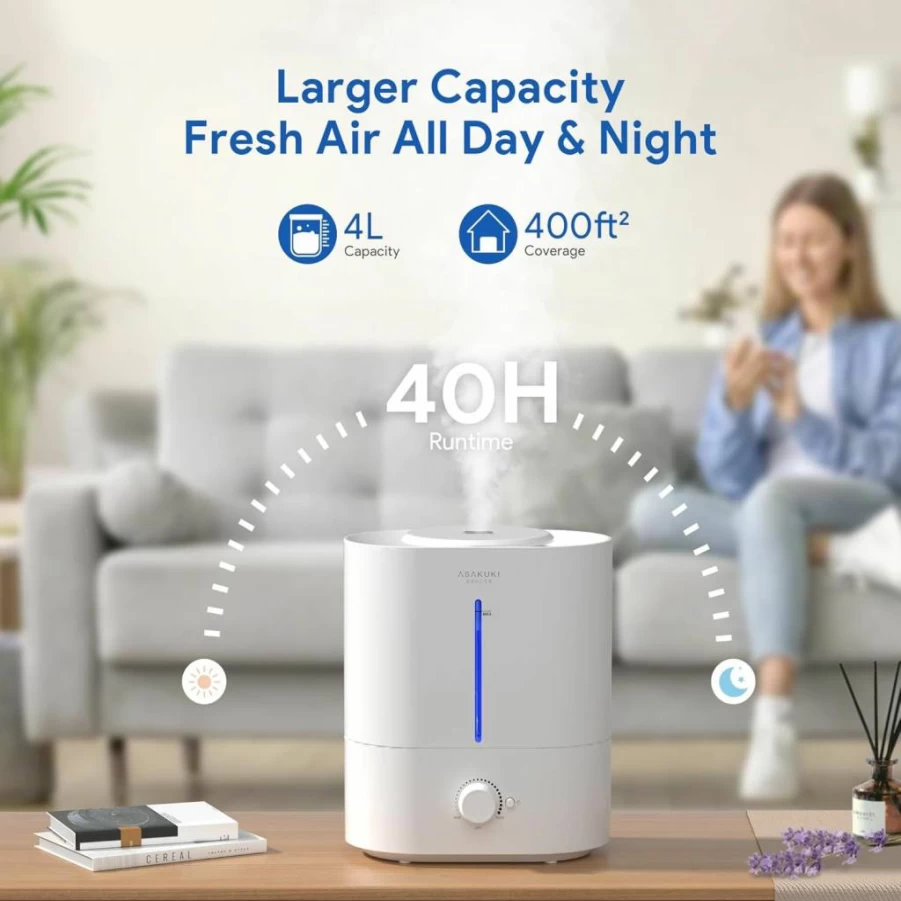 ASAKUKI 4L Cool Mist Humidifier with Top Fill, Diffuser, Night Light & Auto Shut Off - Quiet Large Room Humidifier for Bedroom, Nursery, Plants - 40H Runtime, Easy Clean