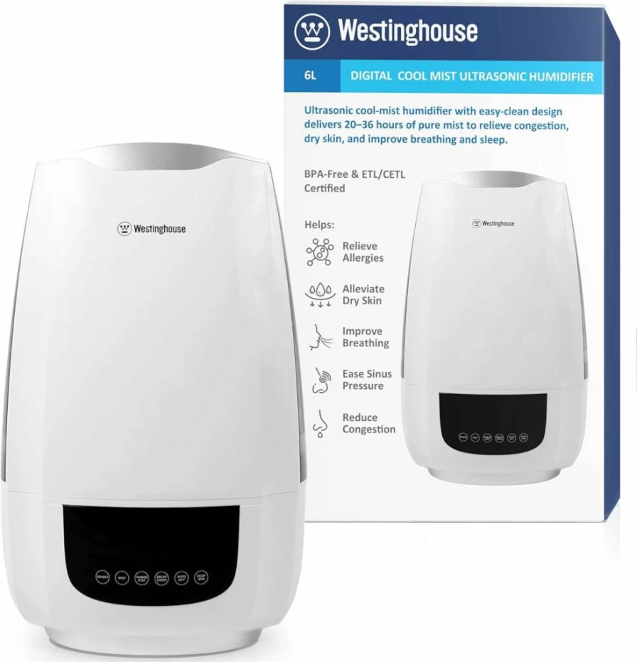 Westinghouse 6L Ultrasonic Cool Mist Humidifier for Bedroom & Nursery — Quiet Operation, 24H Timer, Adjustable Humidistat — Improves Sleep and Breathing for Babies and Adults