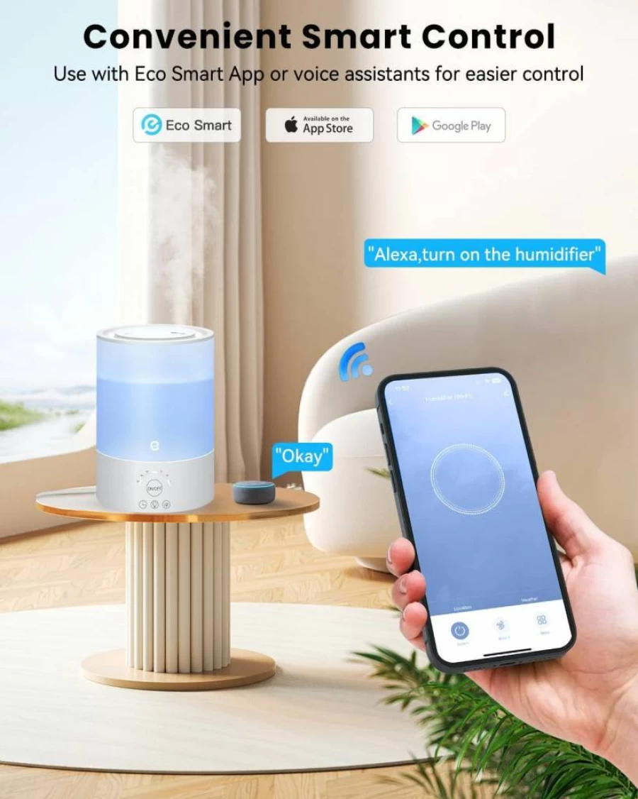Esemoil 2.5L Smart WiFi Cool Mist Humidifier for Large Rooms, Bedroom, Baby & Plants, Top Fill, Alexa Compatible, Diffuser, Nightlight, 28dB Ultra Quiet, 24H Runtime