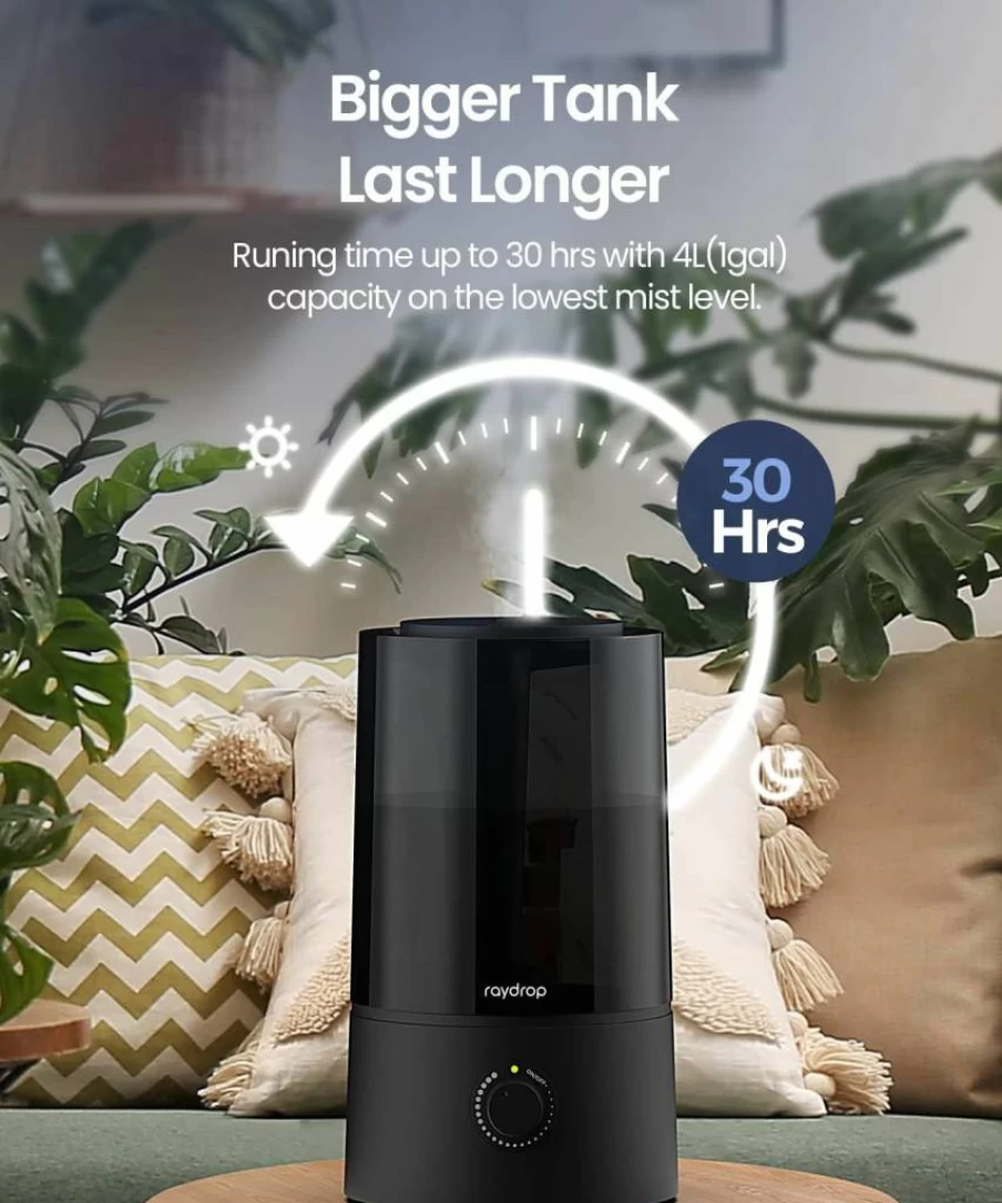 Raydrop Ultrasonic Cool Mist Humidifier 1.7L for Home, Bedroom, Nursery - Quiet, Small, Auto Shut-Off, Space-Saving Design (110V, 0.45 Gallon)