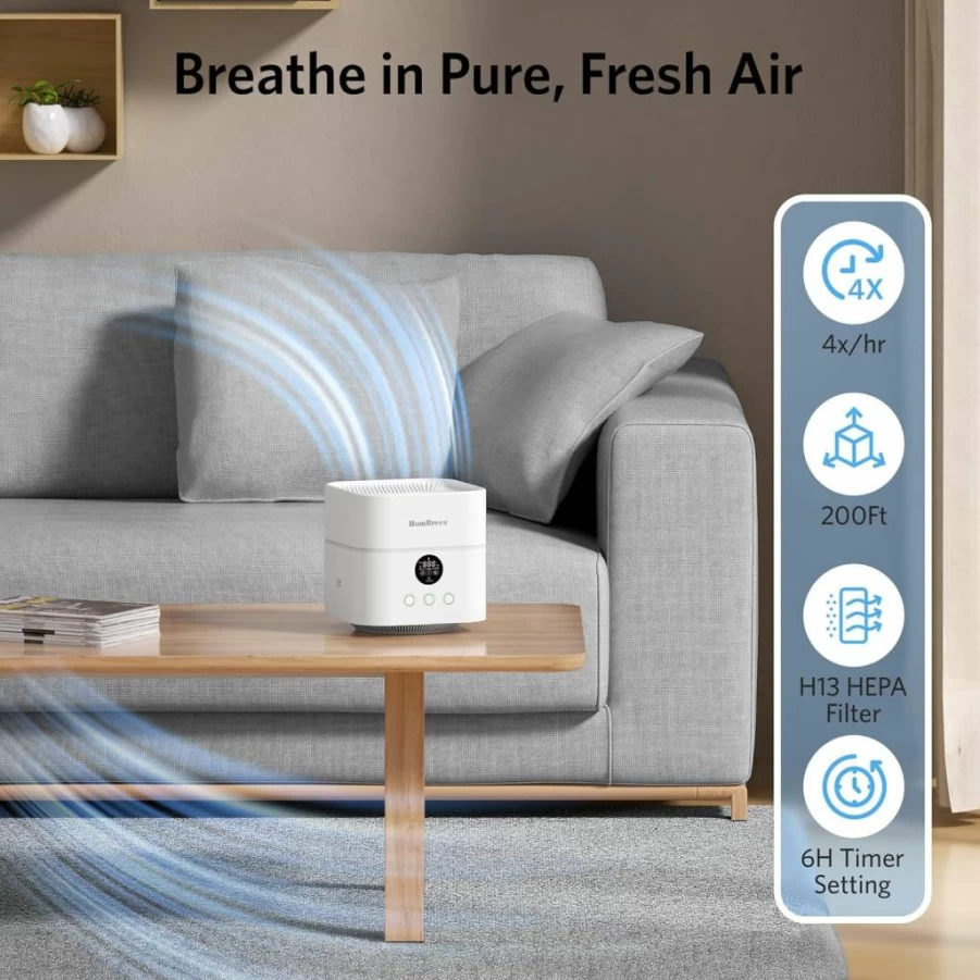 HomBreez Air Purifier & Humidifier Combo with H13 True HEPA Filter, 500ml Top-Fill Water Tank, Essential Oil Diffuser for Bedroom, Baby & Pet Room, Quiet Cool Mist, White (200 Sq Ft Coverage)