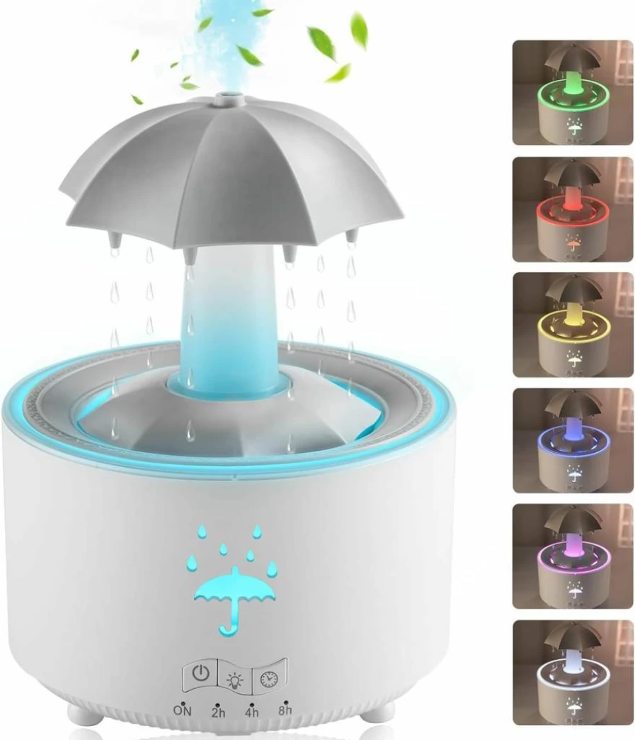 AuraliBrite Rain Umbrella Humidifier with Aromatherapy Diffuser, 7-Color LED Mood Light, Relaxing Rain Sounds & Water Drip Effect, Auto-Off Timer for Bedroom, Office & Home Spa (White)