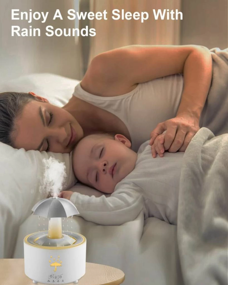 AuraliBrite Rain Umbrella Humidifier with Aromatherapy Diffuser, 7-Color LED Mood Light, Relaxing Rain Sounds & Water Drip Effect, Auto-Off Timer for Bedroom, Office & Home Spa (White)