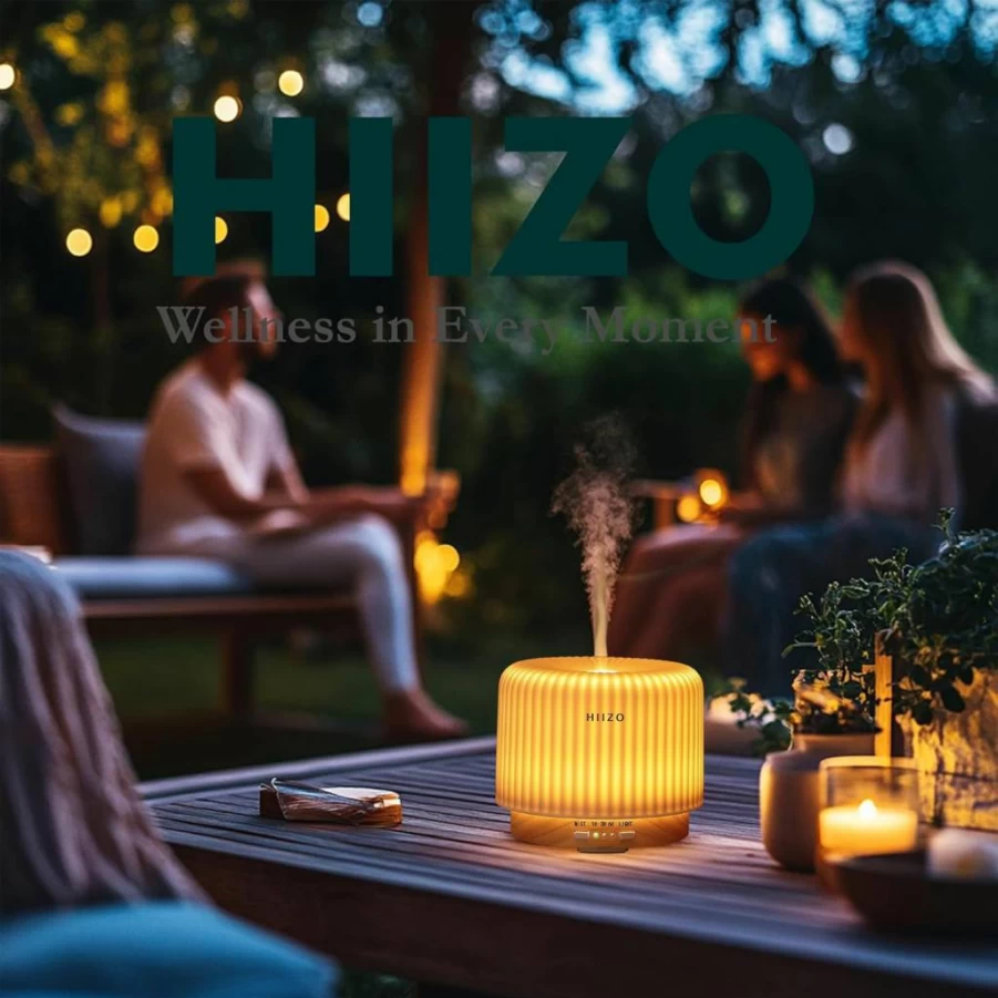 HIIZO T19 Ultrasonic Aroma Diffuser & Humidifier - 200ml Ceramic Essential Oil Diffuser with Dynamic Breathing Light, Auto-Off, Natural Wood Base, Luxury White Home Decor