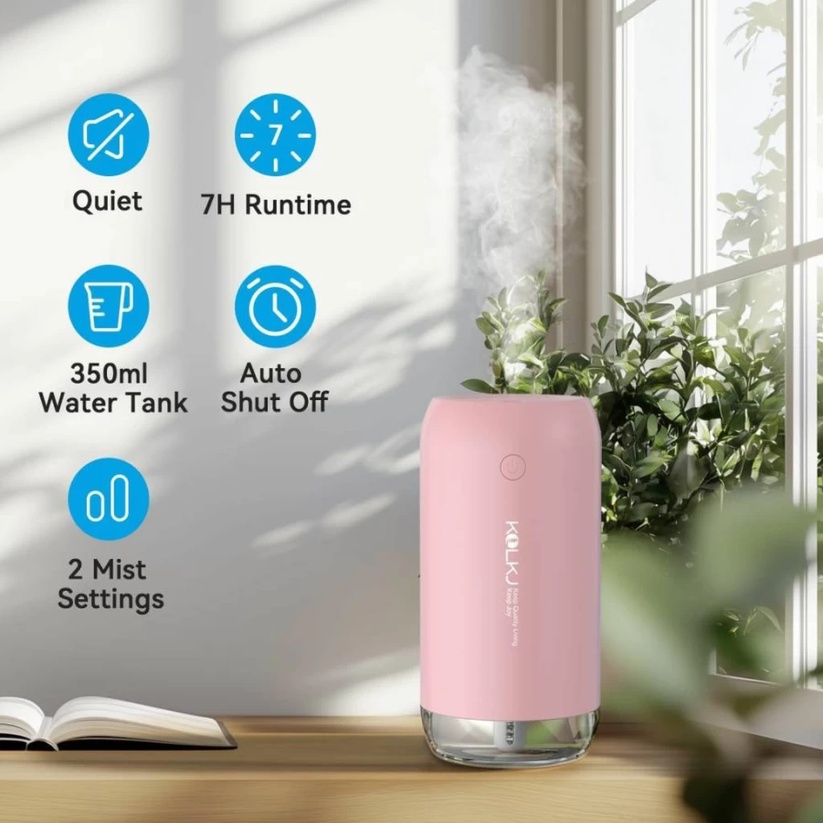 KQLKJ 350ml Portable Mini Humidifier - USB Personal Cool Mist Humidifier for Home, Office, Bedroom, Car, Baby & Plants, Quiet Operation, 2 Mist Modes, Auto Shut-Off, Pink