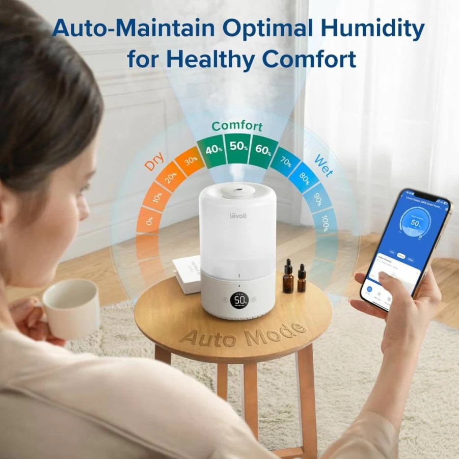 LEVOIT Smart Top Fill Humidifier 3L - Cool Mist, Auto Humidity Sensor, App & Voice Control, Essential Oil Diffuser, Ultra Quiet, White for Bedroom