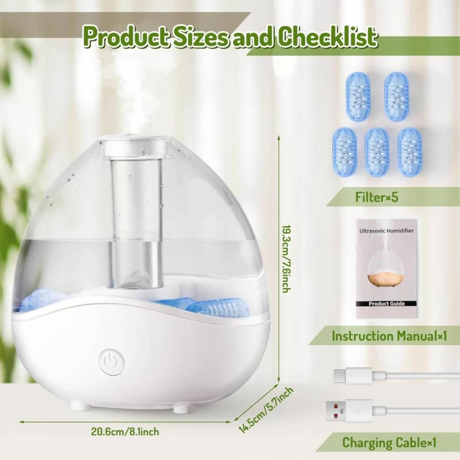 GQIRIL 1.5L Ultrasonic Cool Mist Humidifier with Night Light - Quiet Air Humidifier for Bedroom, Nursery, Office, and Home, White