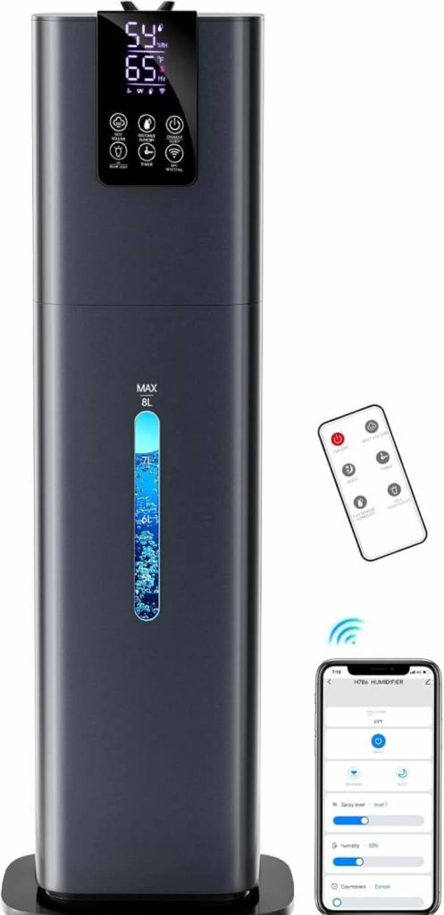 Honovos Smart Humidifier 2.11Gal (8L) Top Fill Cool Mist Humidifier for Large Room, Bedroom, Office, Quiet with Smart App, Remote Control, 3 Speed, 360° Nozzle, Auto Humidity Setting (Blue)