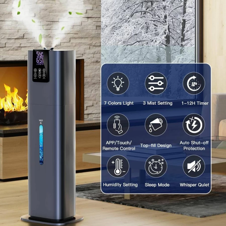 Honovos Smart Humidifier 2.11Gal (8L) Top Fill Cool Mist Humidifier for Large Room, Bedroom, Office, Quiet with Smart App, Remote Control, 3 Speed, 360° Nozzle, Auto Humidity Setting (Blue)