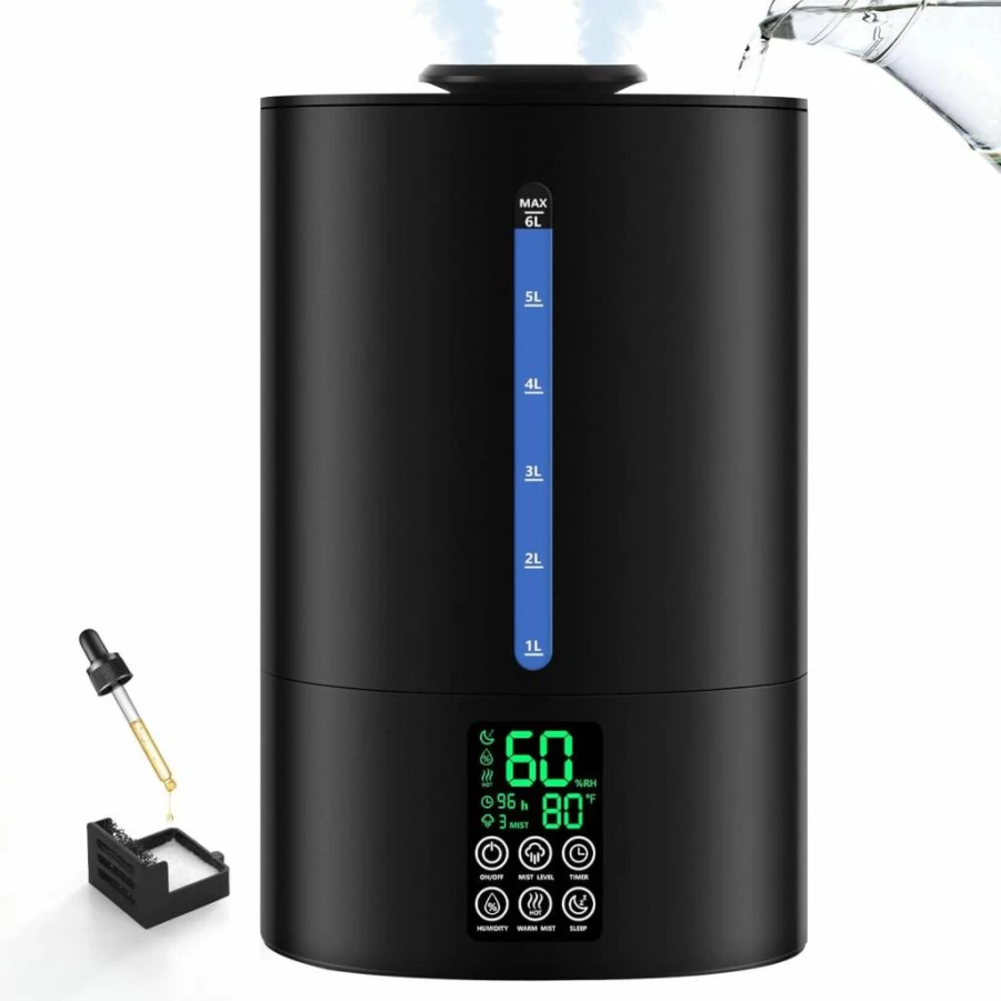 Coolfiqu 6L Humidifiers for Bedroom & Large Room, Top Fill Cool Warm Mist Humidifier with Essential Oil Diffuser, 360° Nozzle Adjustable Quiet Humidifier for Home Office Plants - Midnight Black