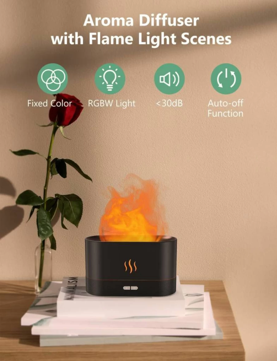 PIZAY 180ml Essential Oil Diffuser with LED Flame Effect, Auto Shut-Off, 8-Hour Runtime, Humidifier for Home, Office, Bedroom - Black Aromatherapy Gift