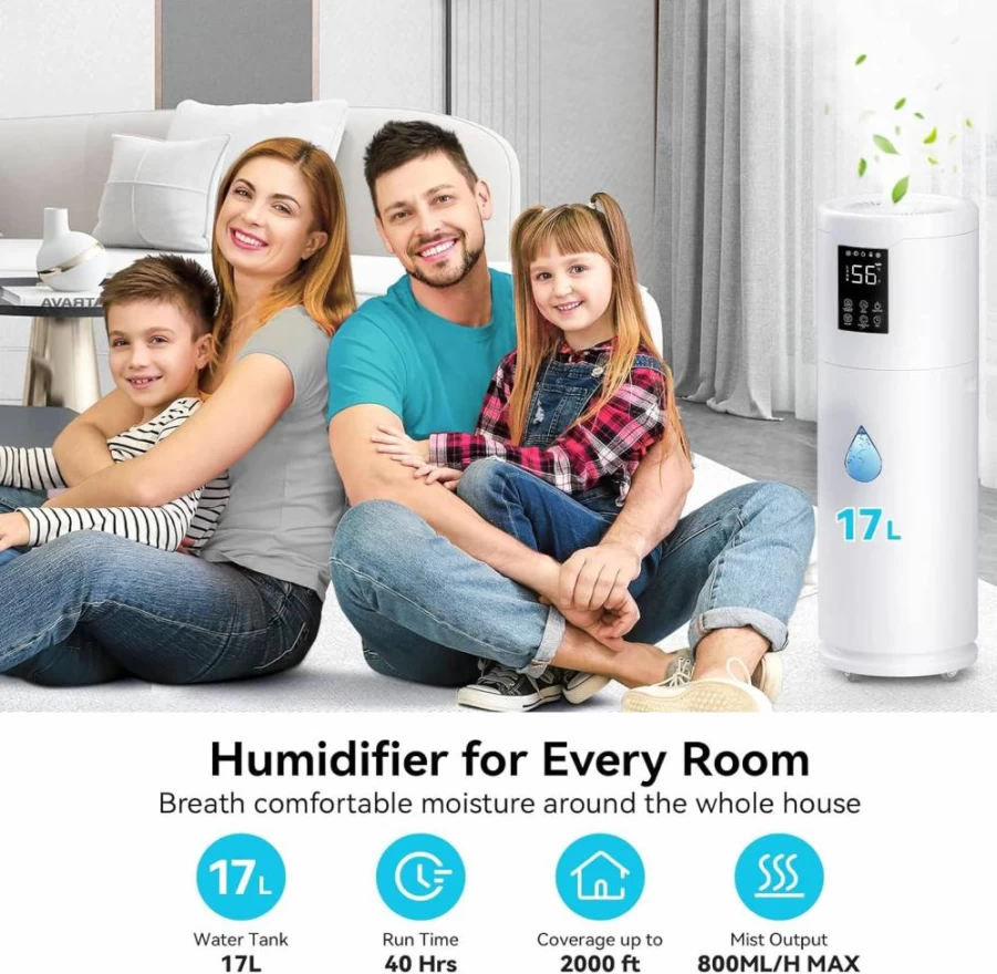 Honovos 2000 Sq.Ft Large Room Humidifier, 17L Top Fill Whole House Humidifier with 360° Nozzle, 4 Speed Mist for Home, Bedroom, Commercial Greenhouse (Black)