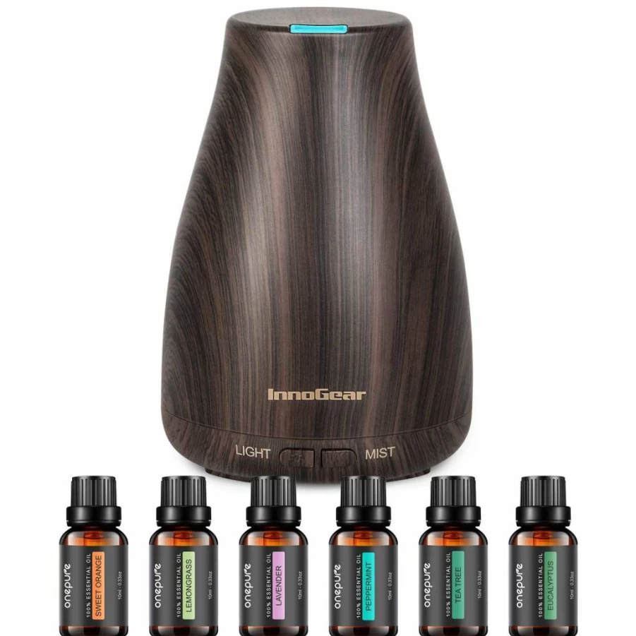 InnoGear 100ml Aromatherapy Essential Oil Diffuser with 6 Premium Oils, Cool Mist Humidifier, Dark Wood Grain Design, Perfect Gift Set
