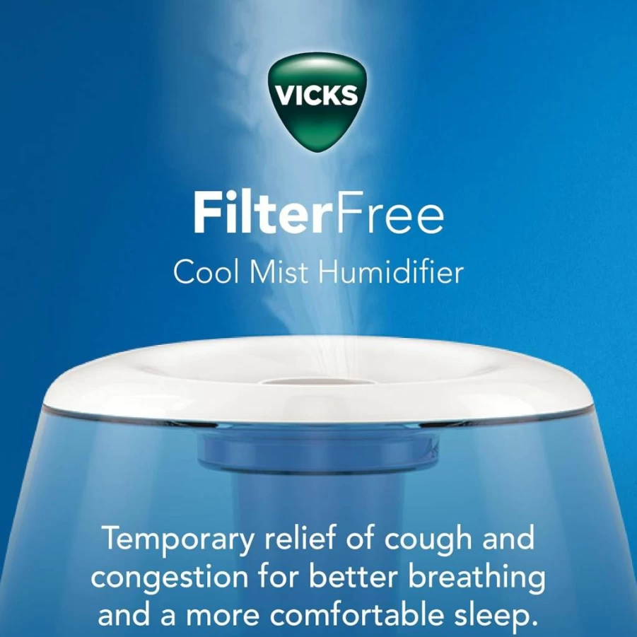 Vicks Ultrasonic Cool Mist Humidifier - 1.2 Gallon Filter-Free for Large Rooms, Compatible with Vapopads, Pediatrician Recommended