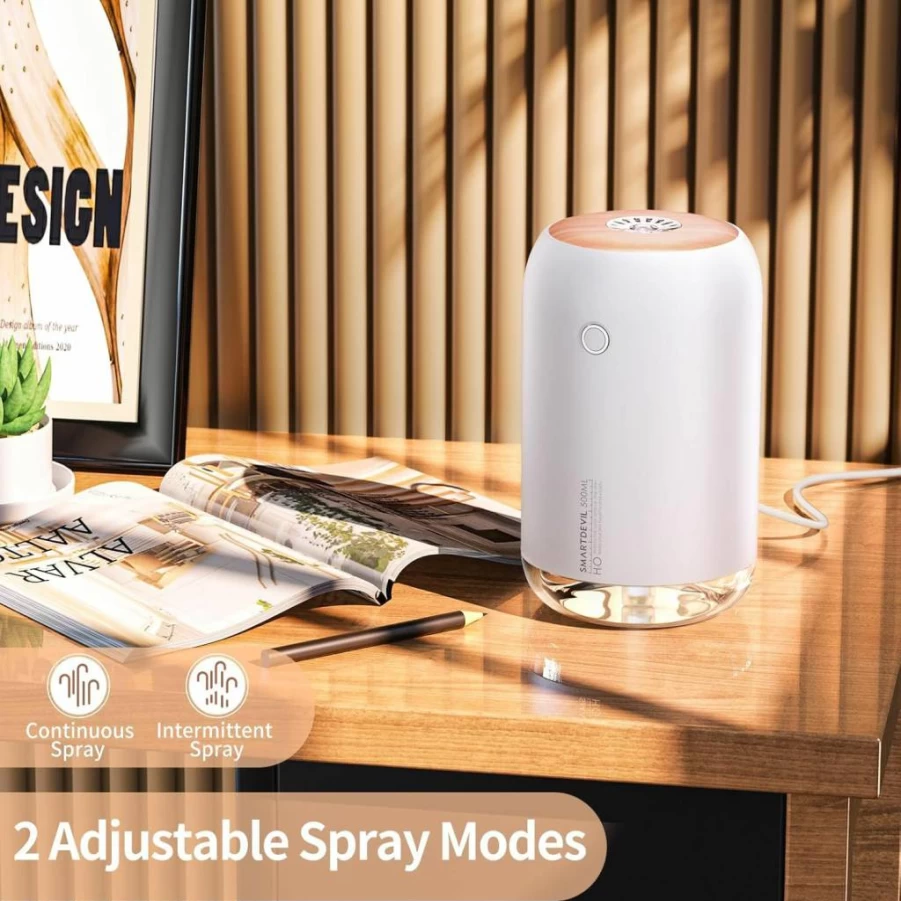 SMARTDEVIL 500ML Portable USB Humidifier for Bedroom & Office, Mini Desk Humidifier with Night Light, 2 Mist Modes, Black - Personal Air Moisturizer for Plants & Home