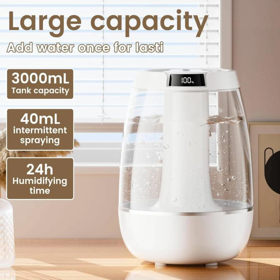 ALIANSHENG 3L Ultrasonic Cool Mist Humidifier - Large Capacity, Quiet Operation, Auto Shut-Off & Waterless Protection for Bedroom, Office, and Plants