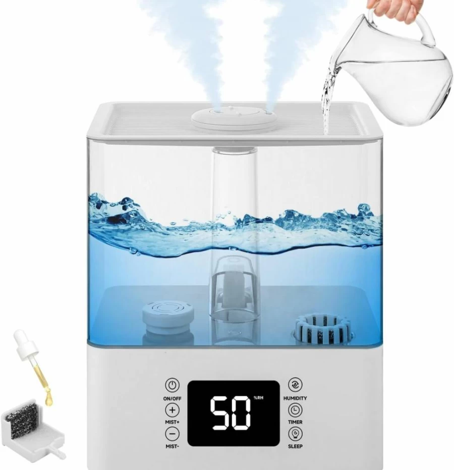 DeepWave 6L Top Fill Ultrasonic Humidifier with Essential Oil Diffuser, 360° Mist Nozzle & Auto Shut-Off, Quiet Cool Mist for Bedroom, Nursery, Office - White