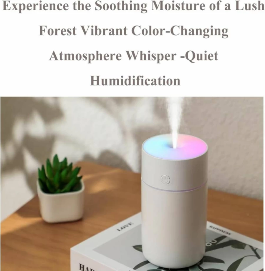 Honjince Portable Humidifier with 7 Color Changing LED Lights for Bedroom, Office, and Car - Ultrasonic Cool Mist for Dry Skin, Better Sleep, and Relaxation (White)