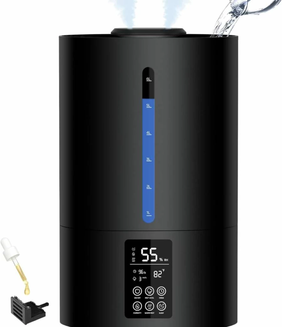 Coolfiqu 6L Humidifiers for Large Room, Bedroom, Home - Cool & Warm Mist Top Fill Essential Oil Diffuser with Adjustable 360° Nozzle, Quiet Operation, Midnight Black