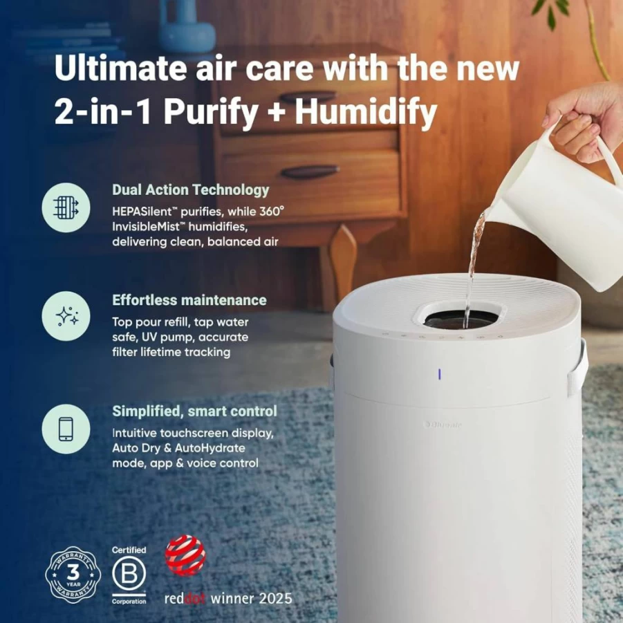 BLUEAIR 2-in-1 Air Purifier and Humidifier with HEPASilent and 360 InvisibleMist Technology, Covers 1726 Sq Ft, Top Pour Design for Balanced Air
