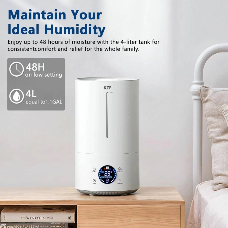 KZF 4L Ultrasonic Cool Mist Humidifier with Humidistat, 360° Nozzle for Large Rooms, Bedroom, Nursery, Home, Office, and Plants, 36-Hour Runtime