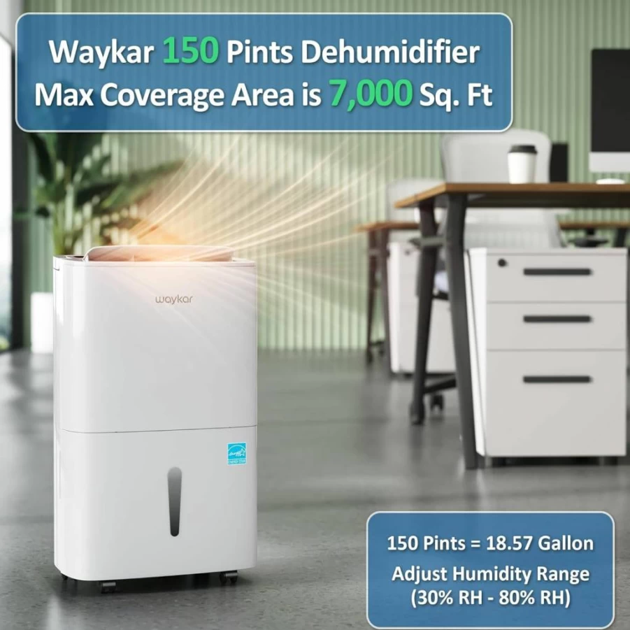 Waykar 120 Pints Energy Star Certified Dehumidifier for Large Spaces Up to 6,000 Sq Ft, Basement & Home Use with Continuous Drain Hose, Auto Defrost, Self-Drying & Easy Mobility Handle