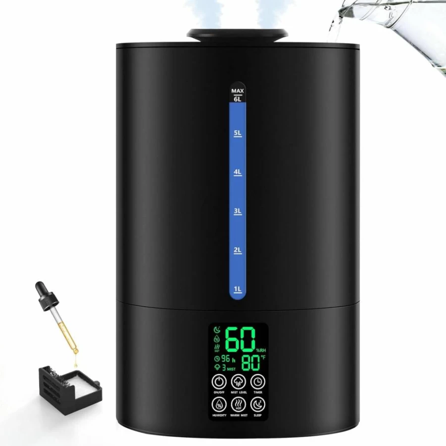Coolfiqu 6L Humidifiers for Large Room & Bedroom, Top Fill Cool Warm Mist Humidifier with Essential Oil Diffuser, 360° Nozzle, Adjustable Quiet Operation, Black