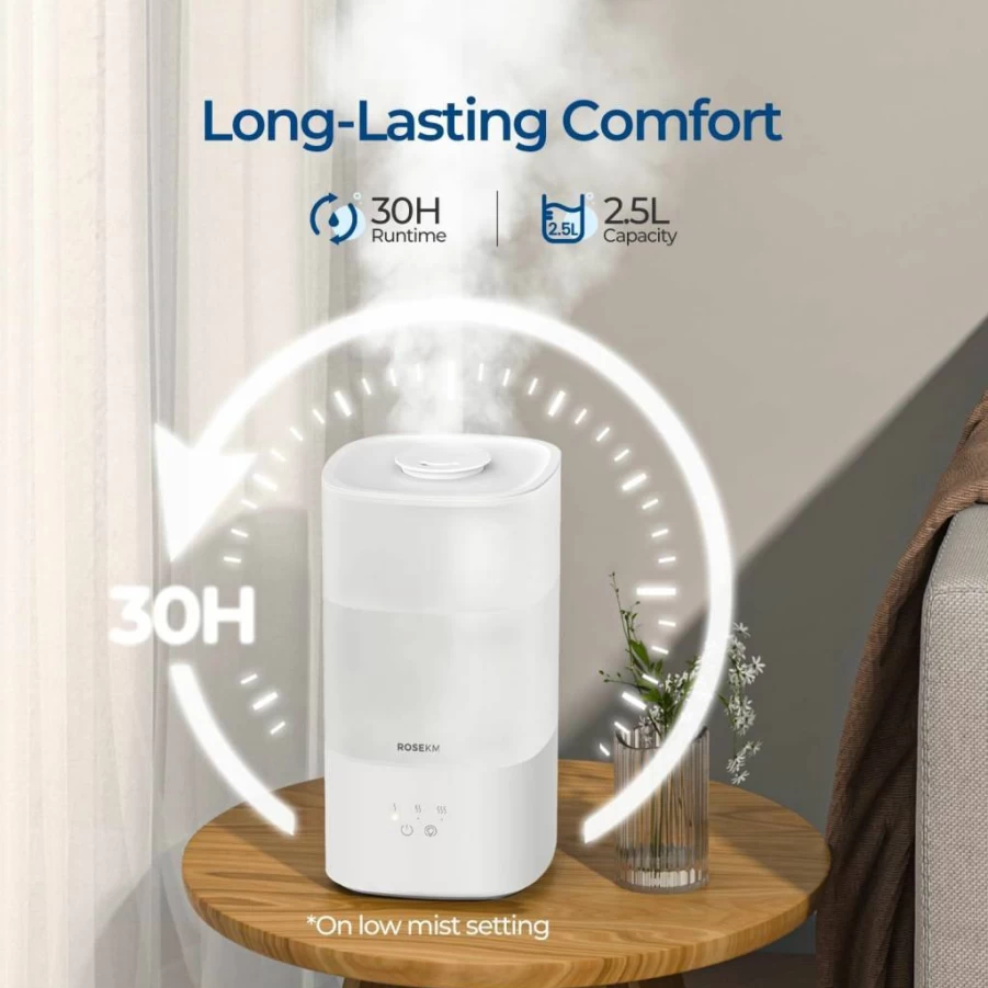 Rosekm 2.5L Top Fill Cool Mist Humidifier for Large Room & Bedroom, Ultra Quiet 28dB, 30H Runtime, Easy to Clean, Night Light for Baby Nursery, Plants, and Indoor Use