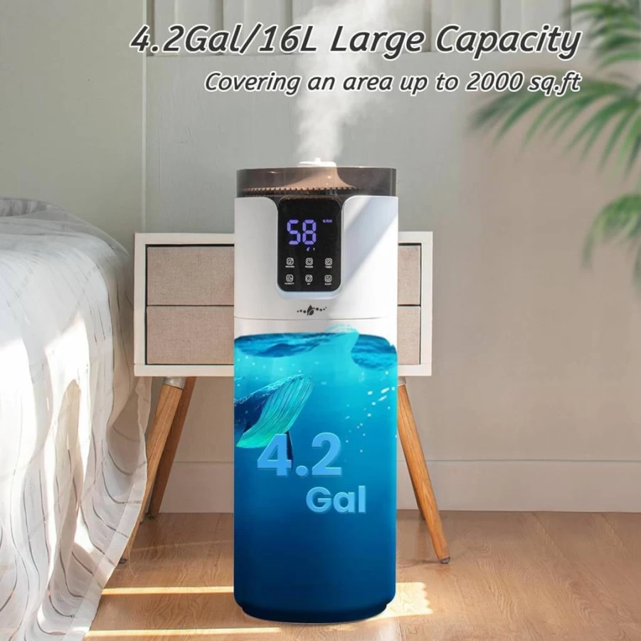 Lacidoll 4.2 Gal Cool Mist Humidifier for Large Rooms up to 2000 Sq Ft, Ultrasonic Top Fill Tower with 360° Nozzles, Night Light, Ideal for Home Office Greenhouse