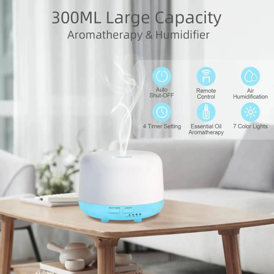 Marchred 300ml Ultrasonic Essential Oil Diffuser with Remote, 7 LED Colors, Auto Shut-Off for Bedroom, Yoga, Spa, Baby – Cool Mist Aromatherapy Humidifier