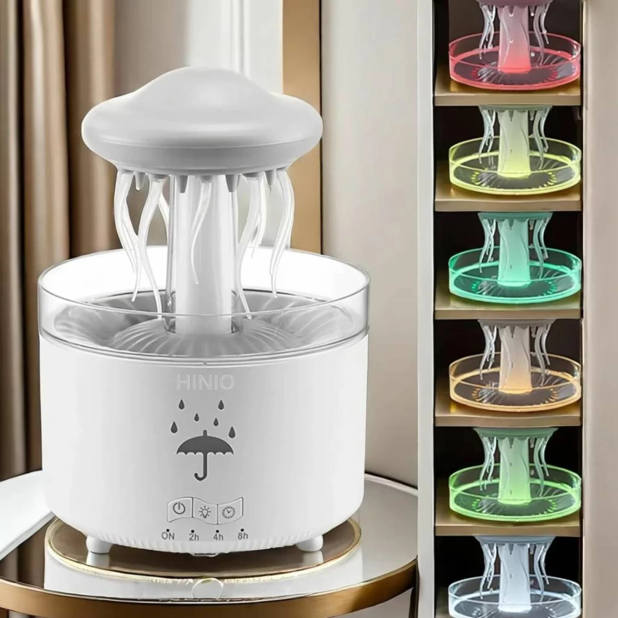 Hinio Octopus Aromatherapy Humidifier with 7-Color LED Night Light, Remote Control, Rain Cloud Design for Bedroom, Sleep, and Relaxation (White)
