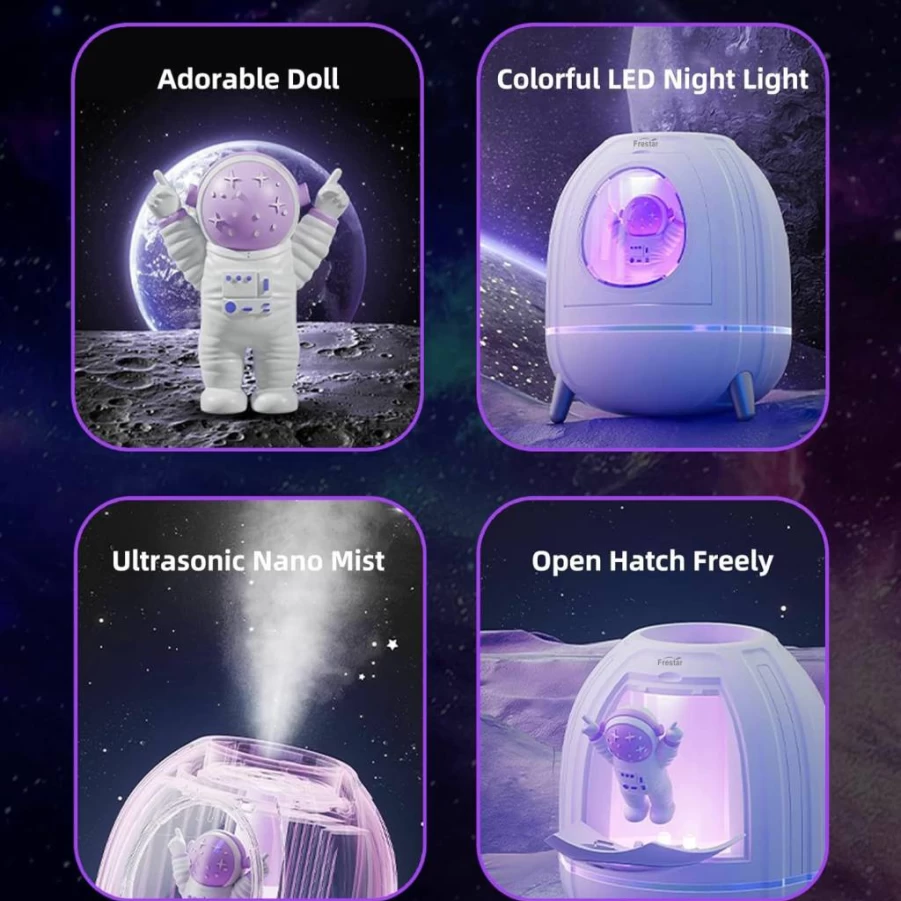 Frestar Mini USB Humidifier 250ML with 7-Color LED Night Light, Portable Cool Mist Humidifier for Bedroom, Office, Desk, Nursery, Plants, Kids Room (Purple Spaceman Design)