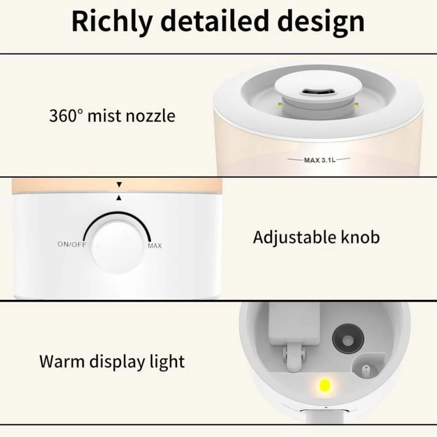 Msolok 3.1L Cool Mist Humidifier for Bedroom, Home & Nursery - Ultrasonic Top Fill Air Diffuser with 360° Nozzle, 25W Quiet Operation for Baby, Plants & Large Rooms
