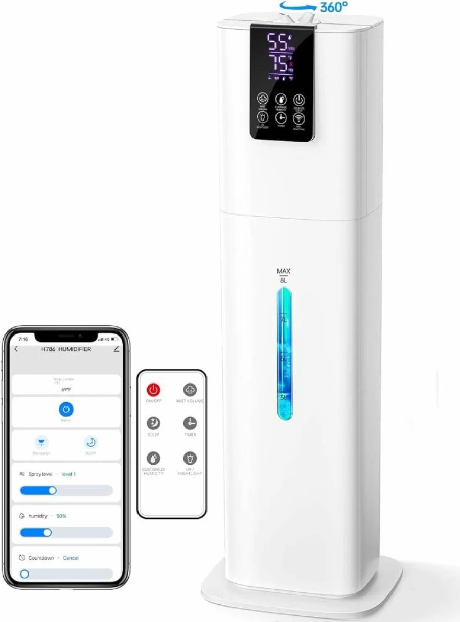 Hiswelle 8L Smart Humidifier with Cool Mist, Top Fill, App & Remote Control, 3 Mist Modes, 12H Timer, Ambient Light, Ultra Quiet (35dB) for Bedroom, Office, Large Room, and Plants
