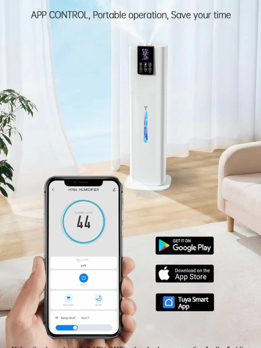 Hiswelle 8L Smart Humidifier with Cool Mist, Top Fill, App & Remote Control, 3 Mist Modes, 12H Timer, Ambient Light, Ultra Quiet (35dB) for Bedroom, Office, Large Room, and Plants