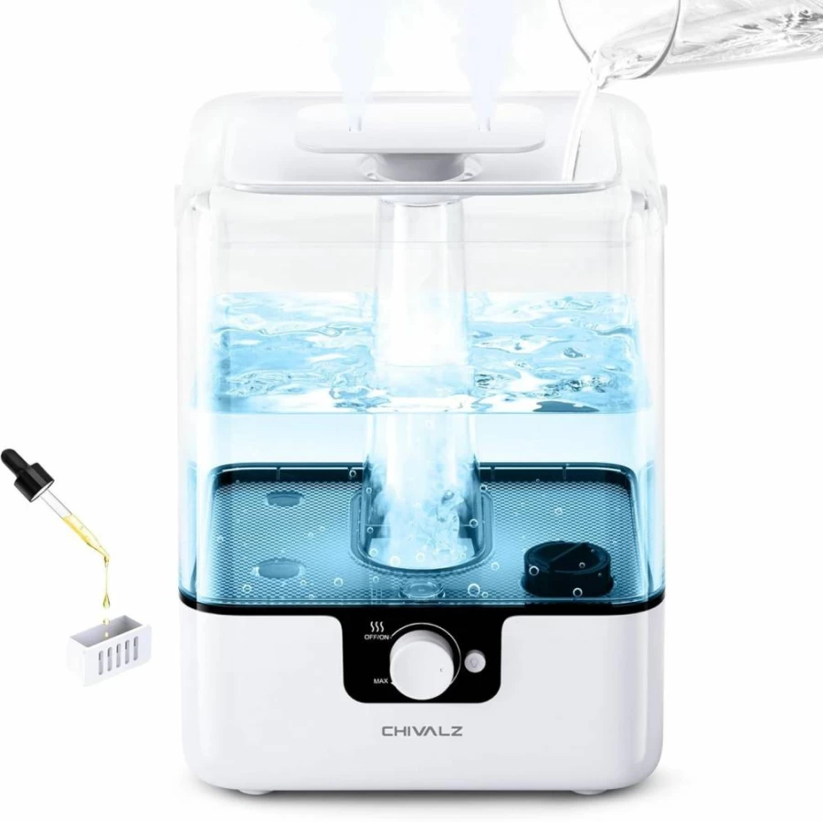 CHIVALZ 6L Cool Mist Humidifier for Bedroom & Large Rooms - Ultra Quiet (26dB), Top Fill, Night Light, 50-Hour Runtime, Essential Oil Diffuser with 2 Mist Outlets - White